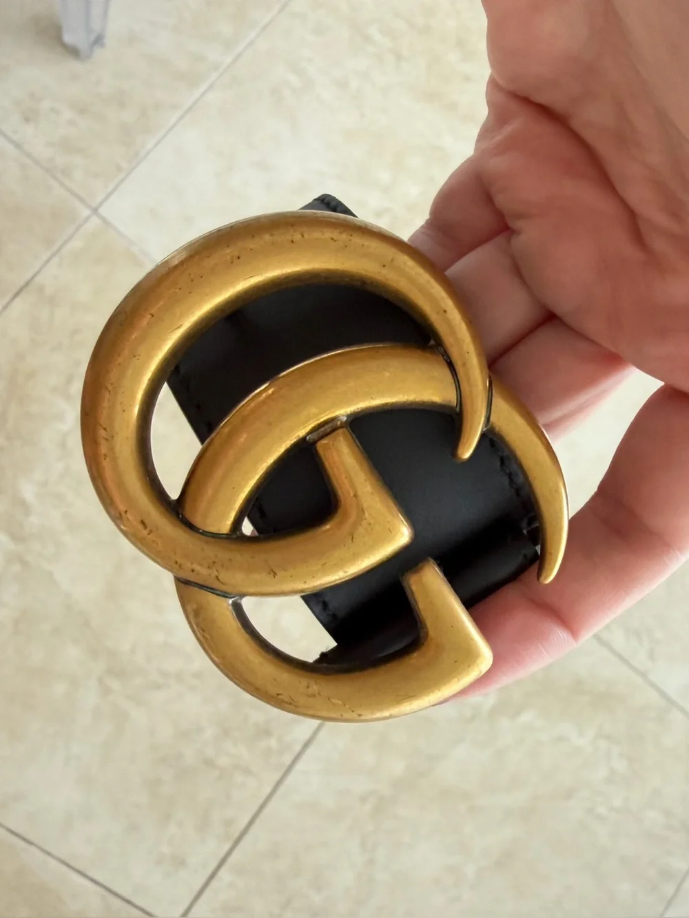 Gucci Black Leather Belt with Aged Gold Double G Buckle